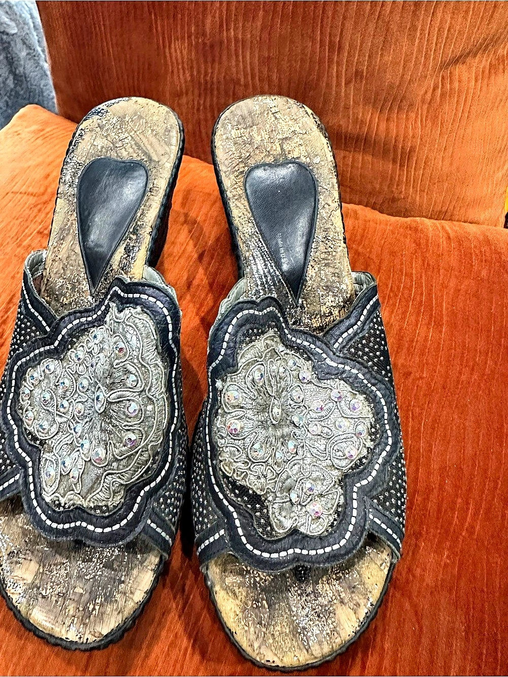 Embellished Black Wedge Sandals